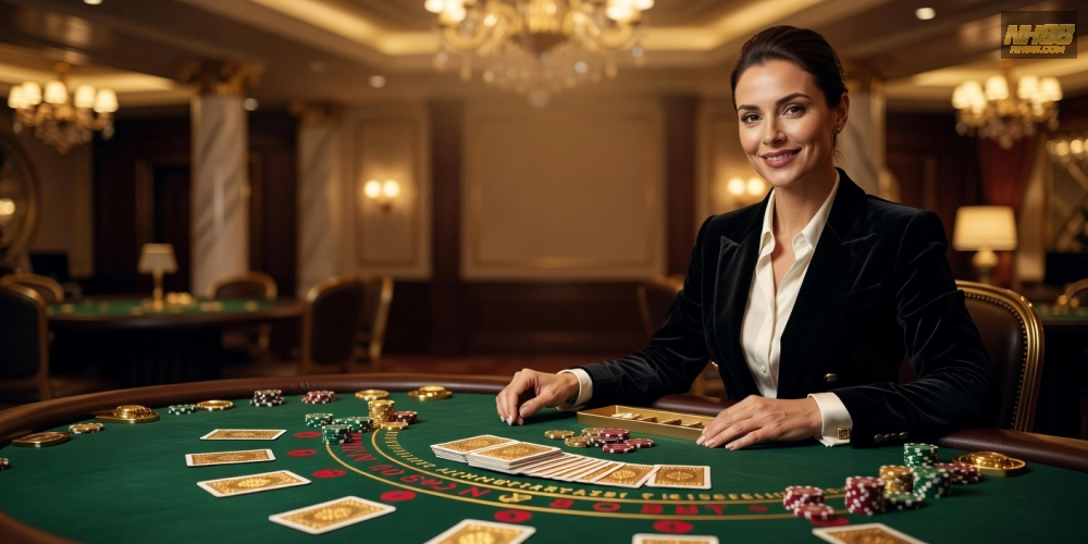 Hình ảnh minh họa khái niệm baccarat live casino nh88 với dealer chuyên nghiệp và bàn chơi hấp dẫn