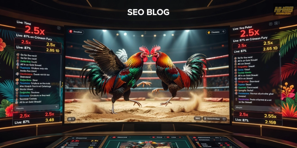 Hình minh họa khái niệm đá gà trực tiếp casino NH88 với giao diện phát sóng hiện đại và chiến kê mạnh mẽ.