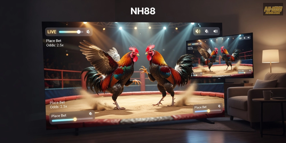 Hình minh họa khái niệm xem đá gà trực tiếp trên nền tảng NH88 với giao diện streaming hiện đại và trận đấu sống động.