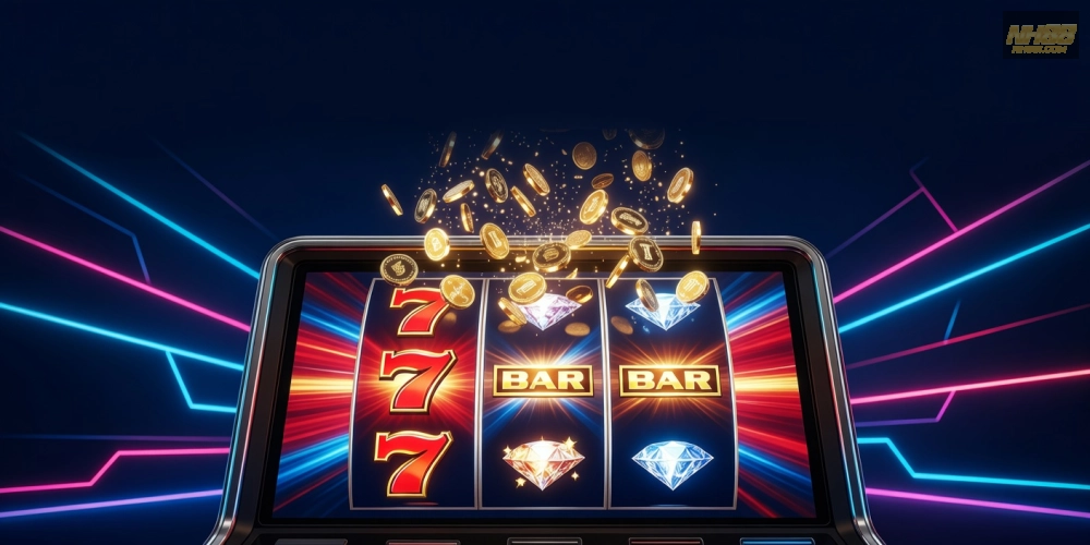 Minh họa khái niệm quay nổ hũ nh88 với hình ảnh slot machine hiện đại